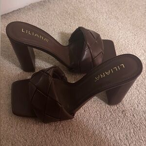 Liliana Dark Brown Woven Heeled Mules